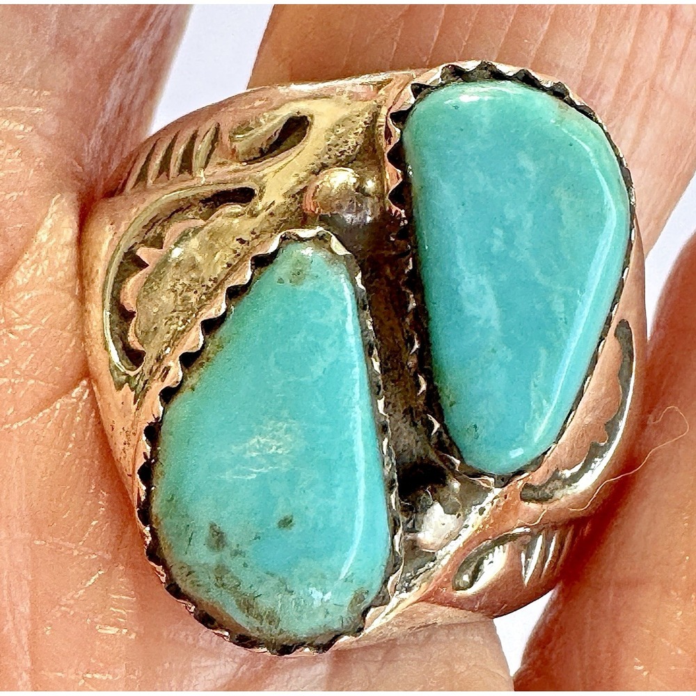 Mens Turquoise Navajo Band Sz 10.5 Two Stone Ring 21mm Signed ML Handmade Native